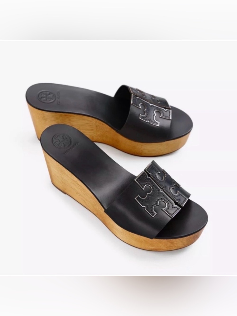 Tory Burch Ines 80mm wedge slide sandals in black leather.